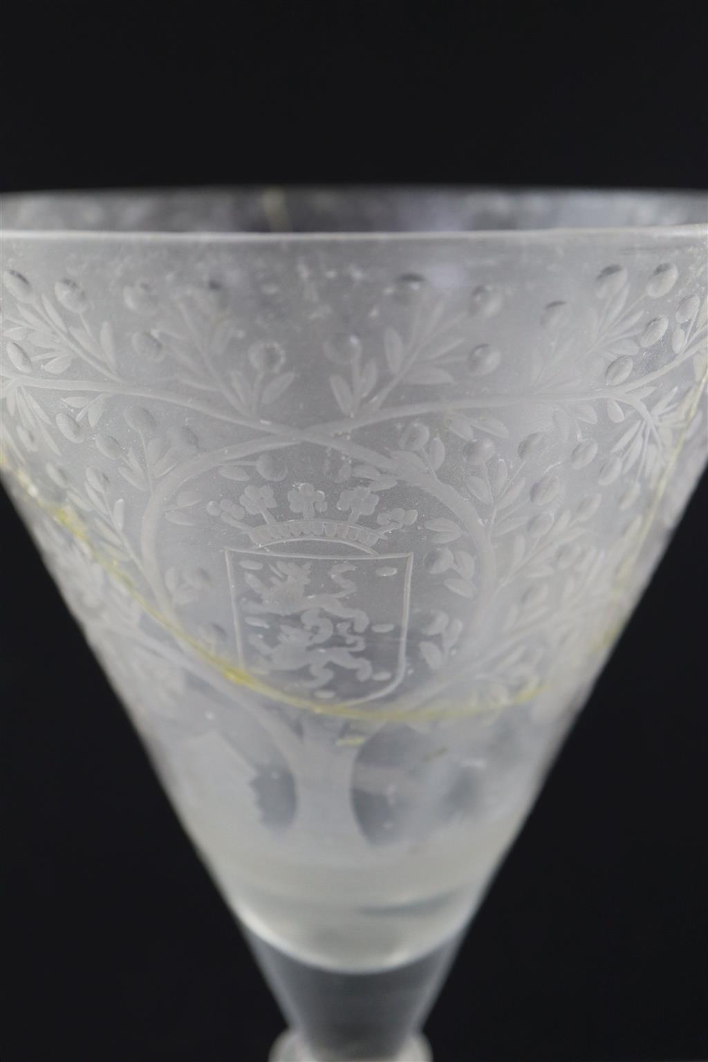 A large Dutch Stadthouder commemorative crizzled glass goblet c.1674, 25.5cm